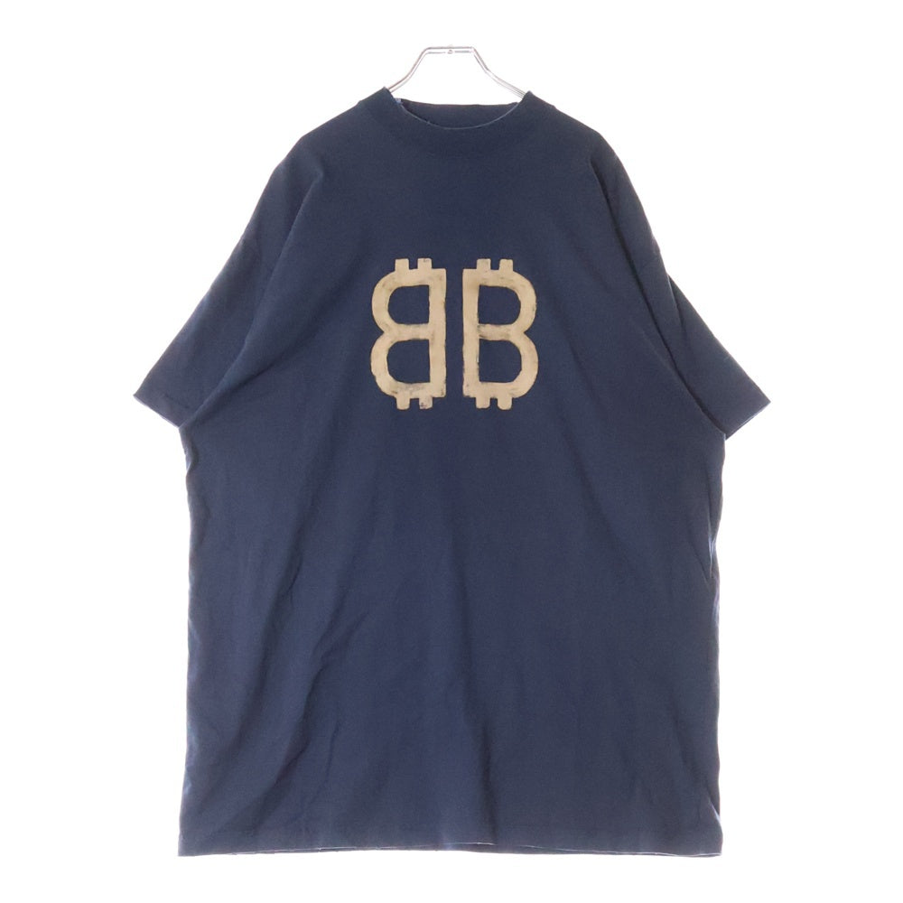 BALENCIAGA(バレンシアガ) 23AW クラッシュ加工BBロゴオーバーサイズ半袖カットソー 半袖Tシャツ ネイビー 739028 TOVU6