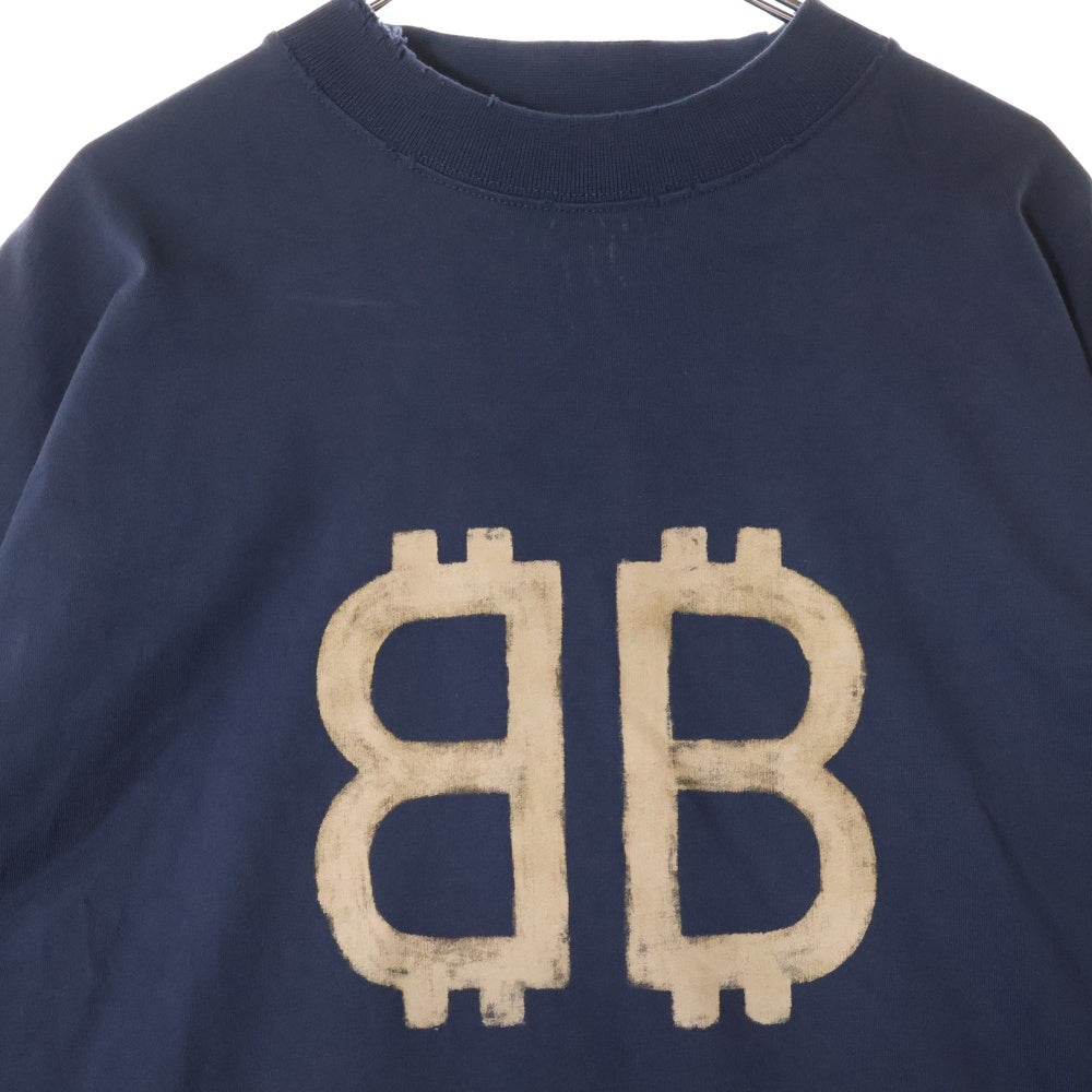 BALENCIAGA(バレンシアガ) 23AW クラッシュ加工BBロゴオーバーサイズ半袖カットソー 半袖Tシャツ ネイビー 739028 TOVU6
