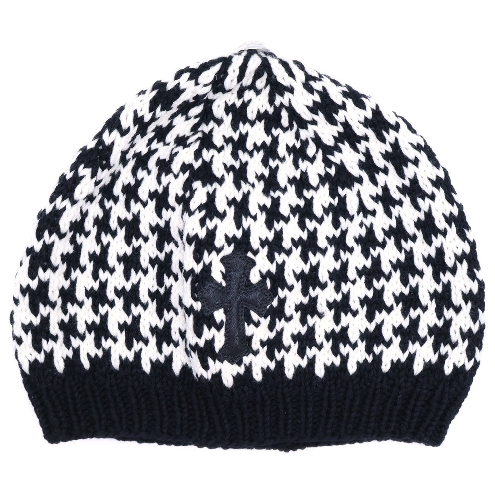 CHROME HEARTS(クロムハーツ) Houndstooth Pattern Cashmere Beanie カシミヤ レザーパッチ ビーニー ニット帽 ホワイト/ブラック レディース