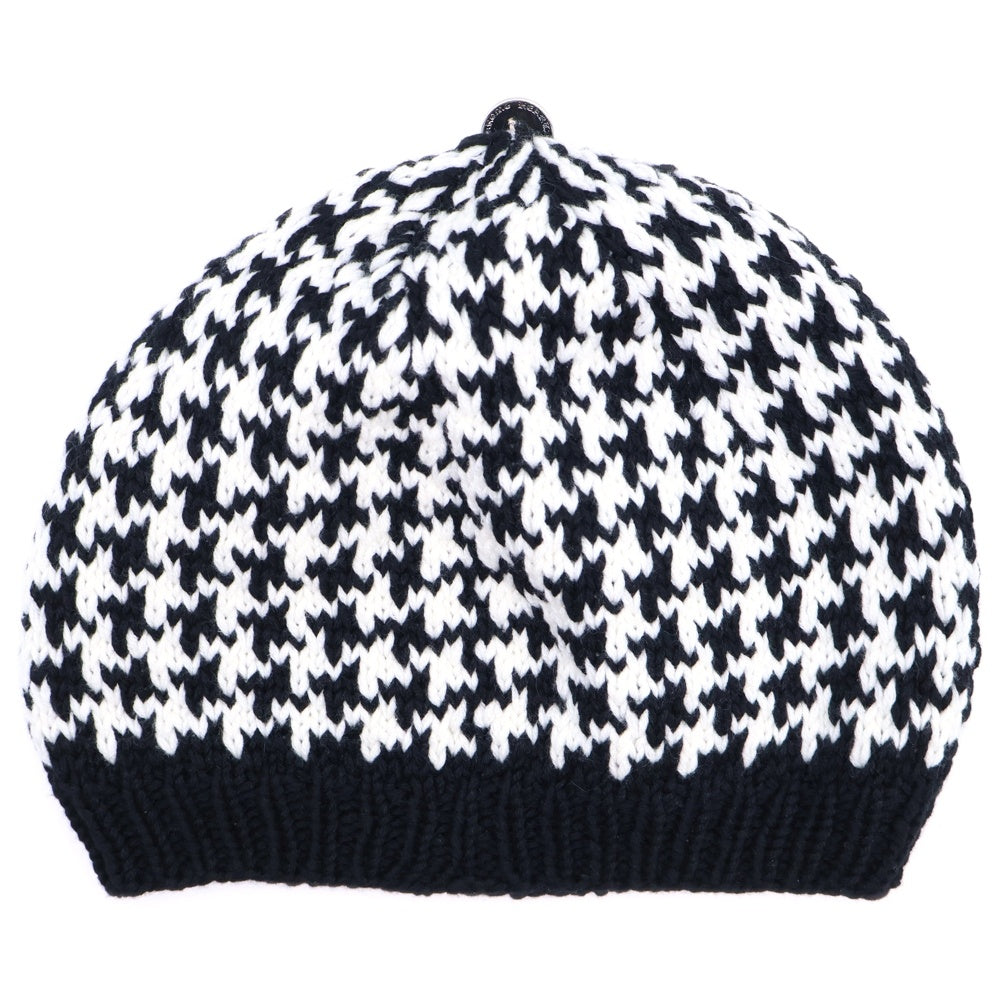 CHROME HEARTS(クロムハーツ) Houndstooth Pattern Cashmere Beanie カシミヤ レザーパッチ ビーニー ニット帽 ホワイト/ブラック レディース