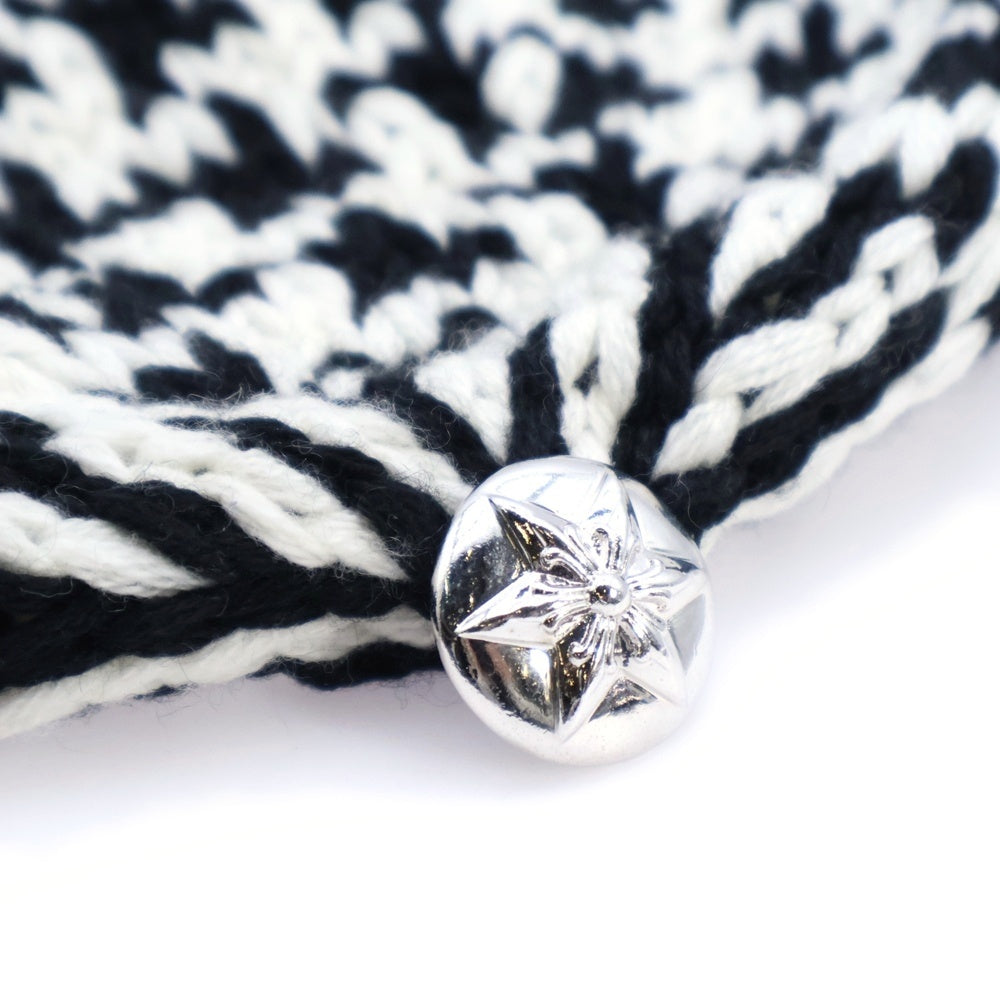 CHROME HEARTS(クロムハーツ) Houndstooth Pattern Cashmere Beanie カシミヤ レザーパッチ ビーニー ニット帽 ホワイト/ブラック レディース