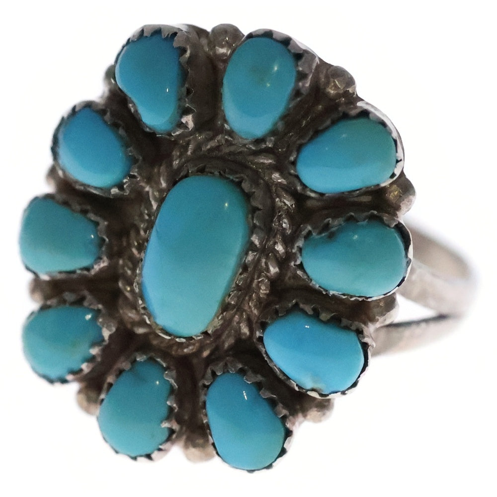 INDIAN JEWELRY(インディアンジュエリー) ズニ族 M.Basselen ターコイズクラスター リング シルバー レディース