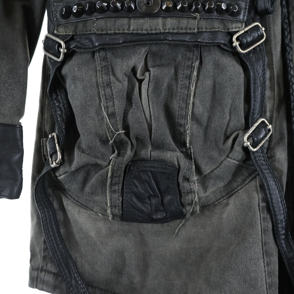 KMRii(ケムリ) ドクロチャーム付き ダメージ加工 レザーパイピング ミリタリージャケット カーキ