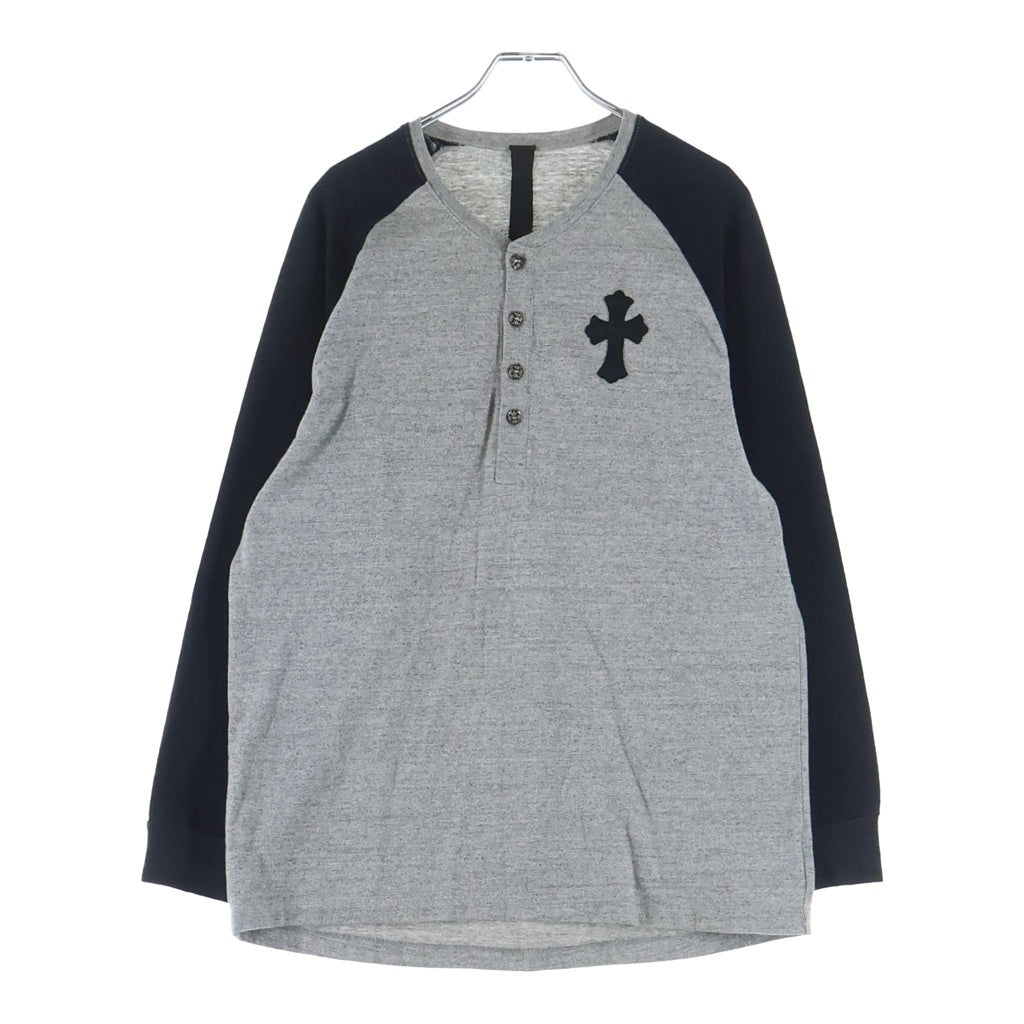CHROME HEARTS(クロムハーツ) Y-NOT Embroidery Henry Neck ヘンリーネック クロスボールボタン レザークロスパッチ ラグラン 長袖Tシャツ カットソー グレー/ネイビー