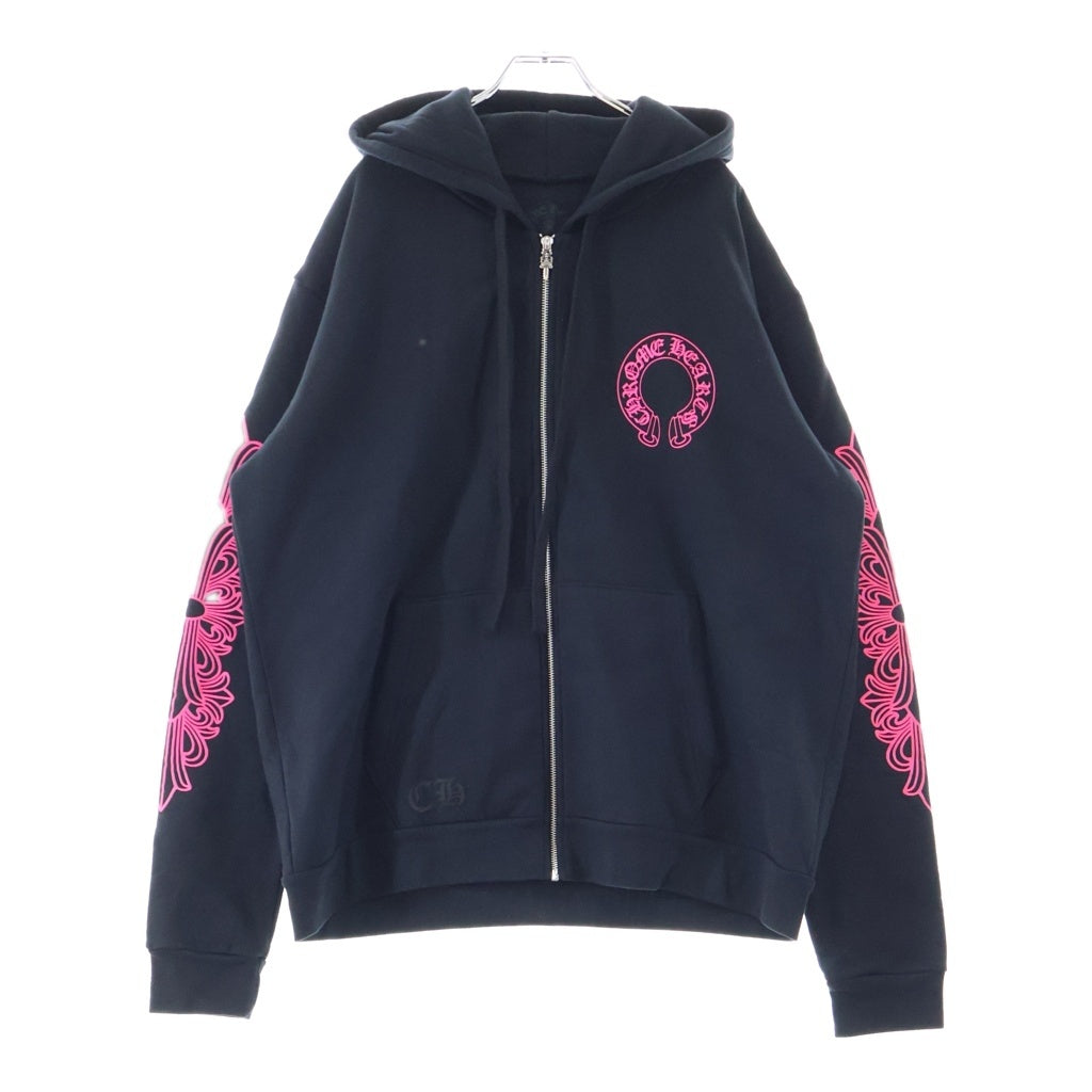 CHROME HEARTS(クロムハーツ) SWTSHRT HD ZIP ホースシュー 袖フローラル プリント ダガージップ パーカー ブラック/ピンク
