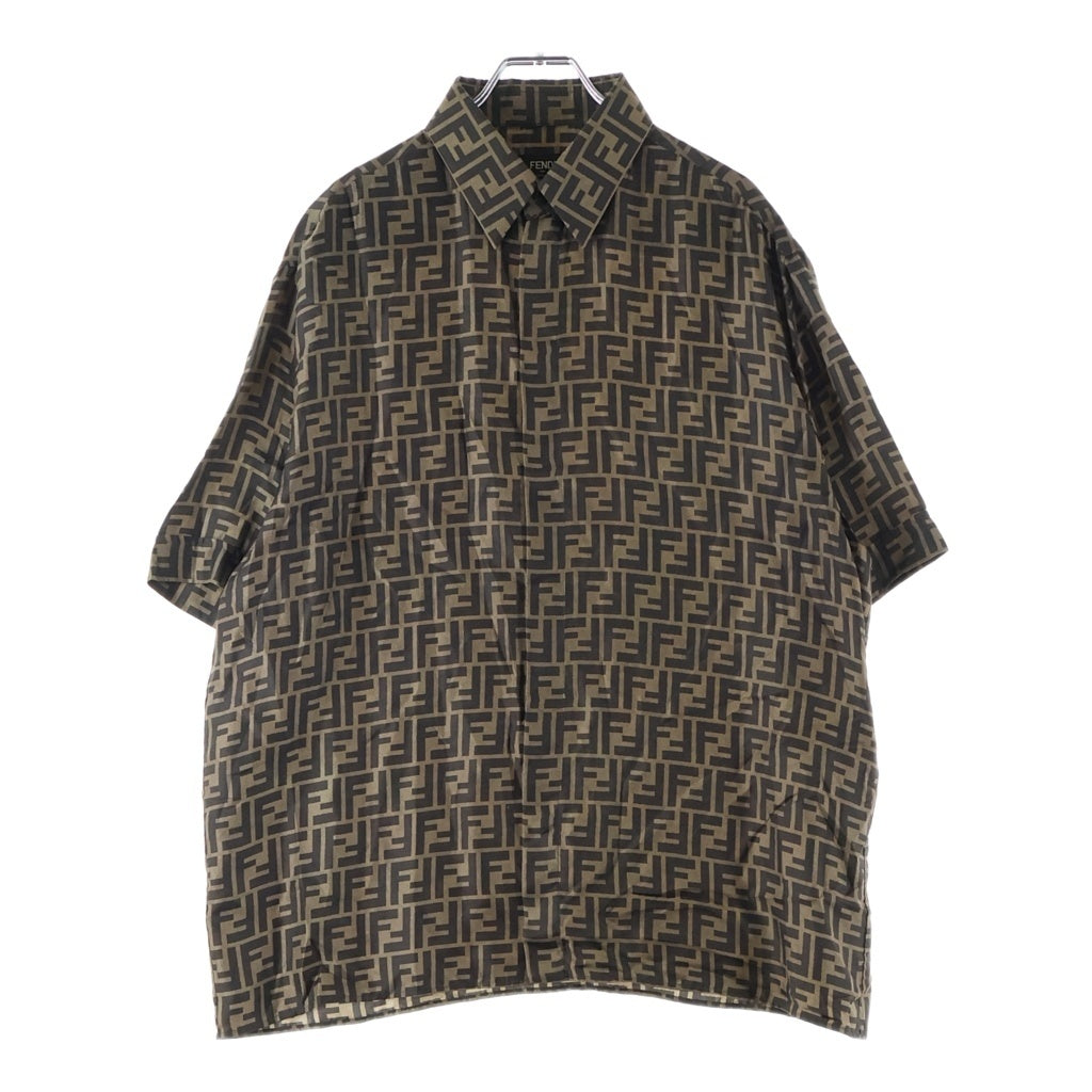 FENDI(フェンディ) 22AW FFプリント モノグラム フライフロントカジュアルシルクシャツ 半袖シャツ ブラウン FS0795 AKEE