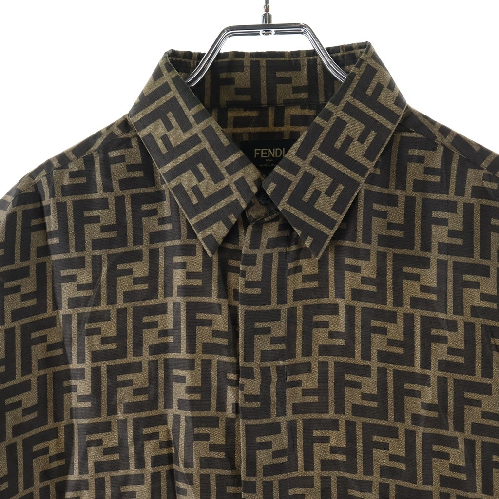 FENDI(フェンディ) 22AW FFプリント モノグラム フライフロントカジュアルシルクシャツ 半袖シャツ ブラウン FS0795 AKEE