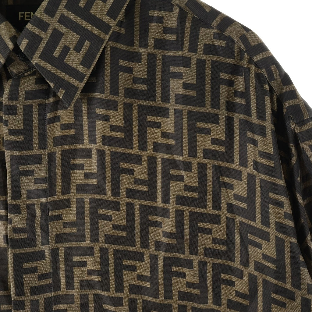 FENDI(フェンディ) 22AW FFプリント モノグラム フライフロントカジュアルシルクシャツ 半袖シャツ ブラウン FS0795 AKEE