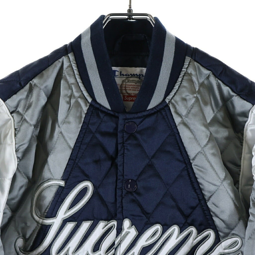 SUPREME(シュプリーム) 26AW×CHAMPION QUILTED SATIN VARSITY JACKET チャンピオン キルテッド サテン パーシティ ジャケット ネイビー