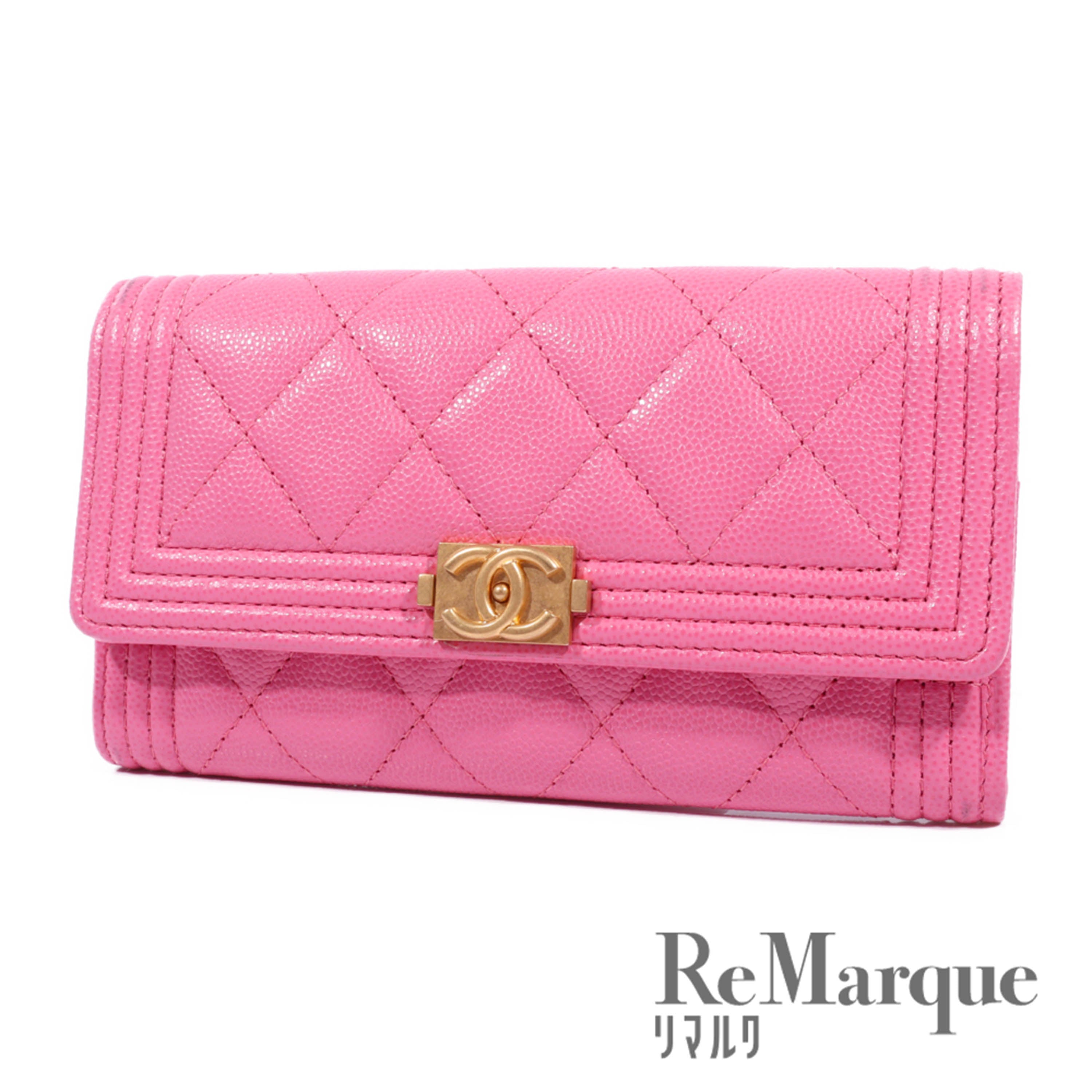 CHANEL(シャネル) ボーイシャネル 二つ折り長財布 ピンク キャビアスキン レザー ゴールド金具 ウォレットボーイシャネル 二つ折り長財布 ピンク キャビアスキン レザー ゴールド金具 ウォレット