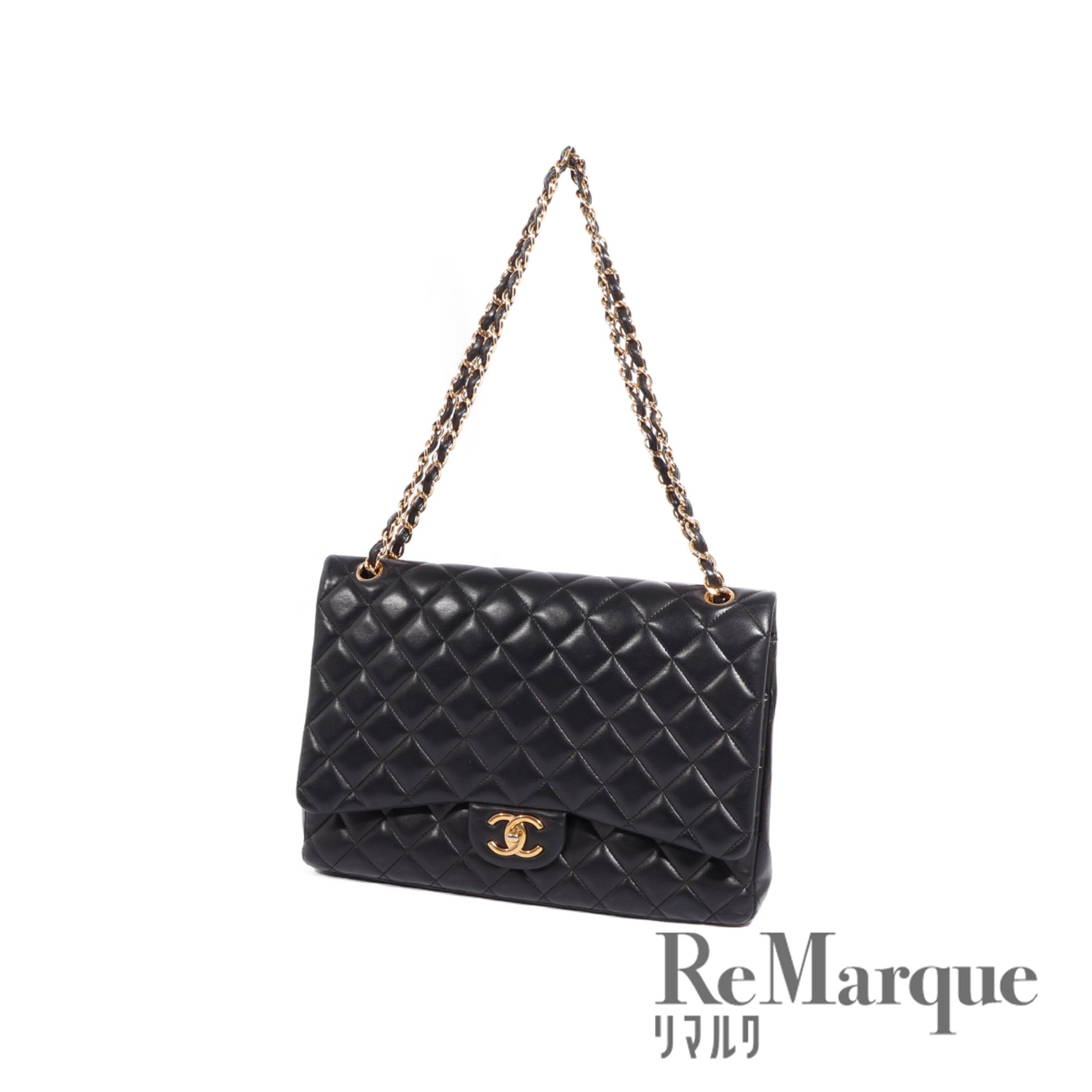 CHANEL(シャネル) デカマトラッセ33 ダブルフラップ ダブルチェーン ショルダーバッグ ブラック ラムスキン ゴールド金具