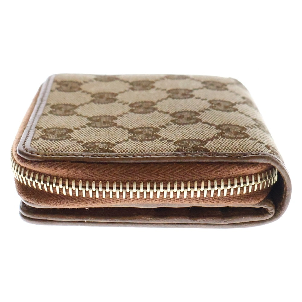 GUCCI(グッチ) GGキャンバス ラウンドファスナー 二つ折り財布 コインケース ブラウン レザー×キャンバス ゴールド金具 346056