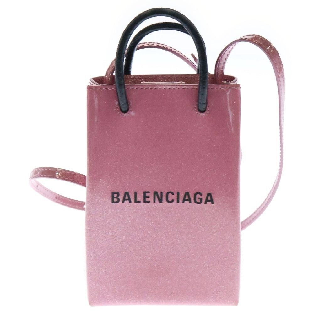 BALENCIAGA(バレンシアガ) フロント ロゴ ショッピング フォンホルダー ショルダーバッグ ラメ ピンク×ブラック 593826