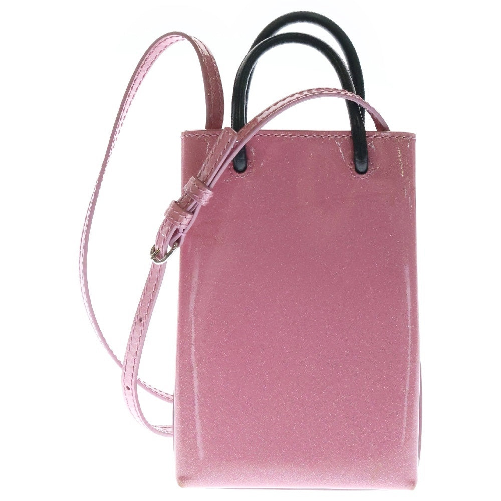 BALENCIAGA(バレンシアガ) フロント ロゴ ショッピング フォンホルダー ショルダーバッグ ラメ ピンク×ブラック 593826