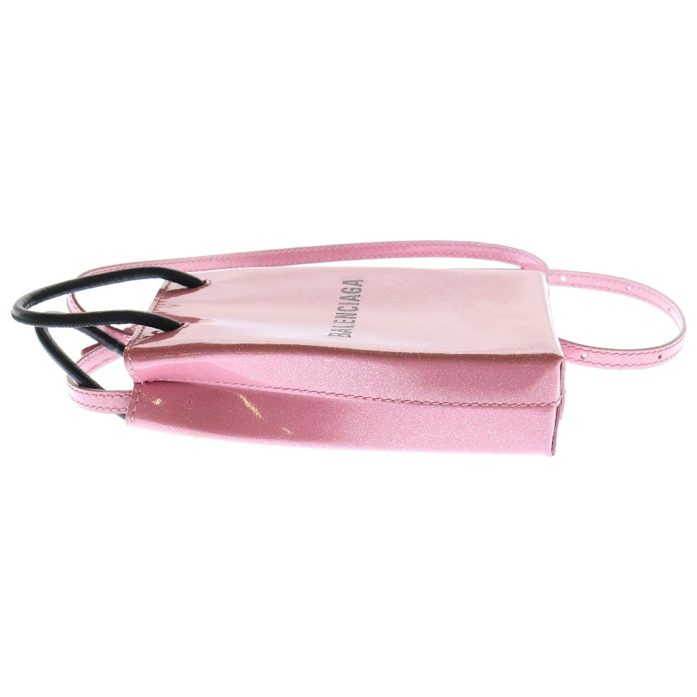 BALENCIAGA(バレンシアガ) フロント ロゴ ショッピング フォンホルダー ショルダーバッグ ラメ ピンク×ブラック 593826