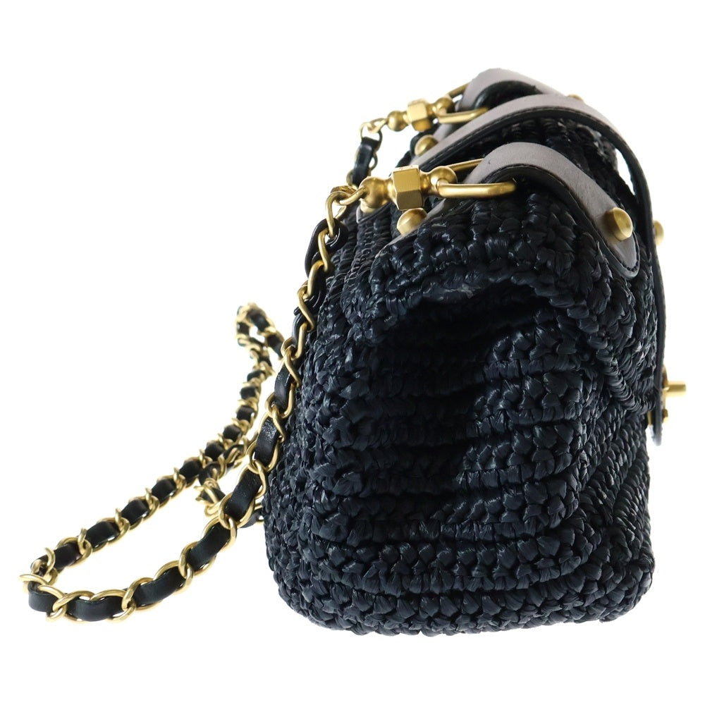 CHANEL(シャネル) ラフィア28 チェーンショルダーバッグ S/S カゴバッグ ネイビー ゴールド金具
