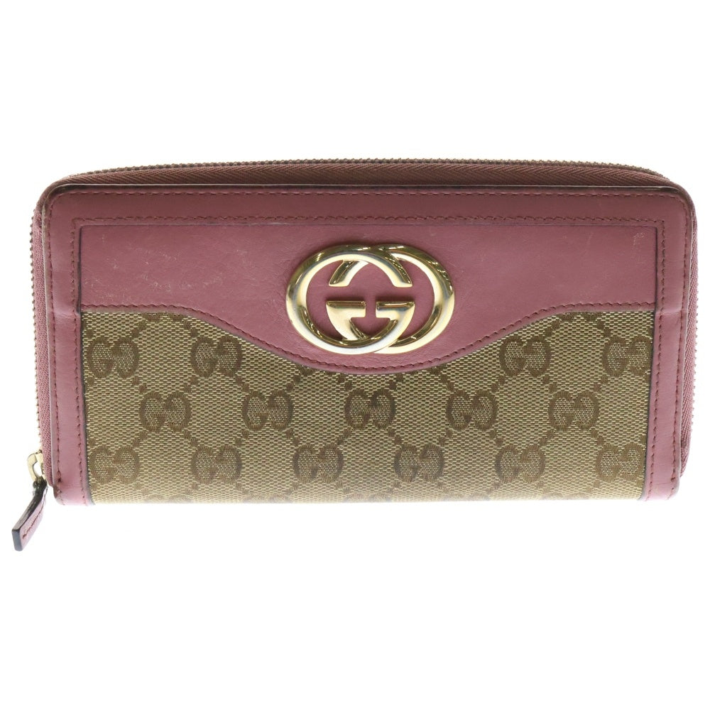 GUCCI(グッチ) GGキャンバス ラウンドファスナー ロングウォレット 長財布 ゴールド金具 ピンク×ベージュ レザー×ベージュ 308012