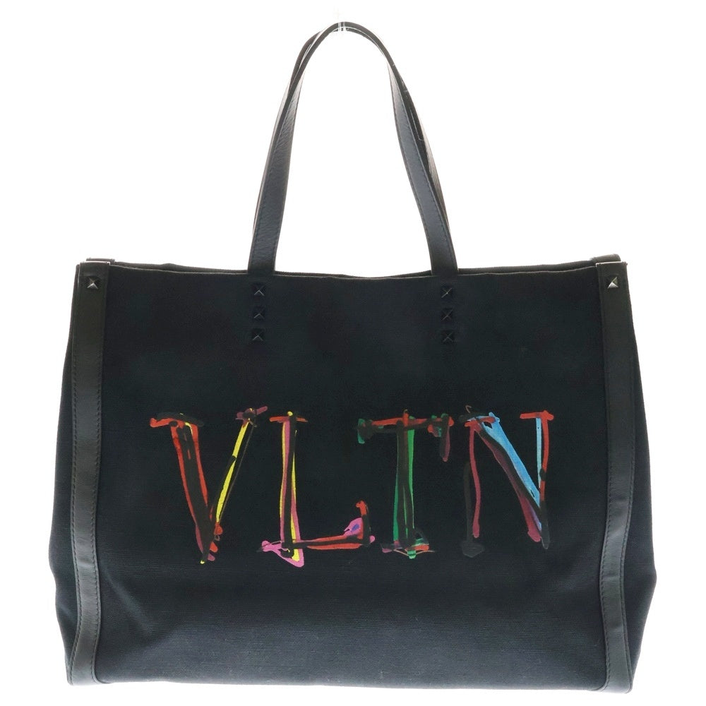 VALENTINO(ヴァレンティノ) VLTN ロゴプリント ロックスタッズ キャンバス レザー トートバッグ ブラック