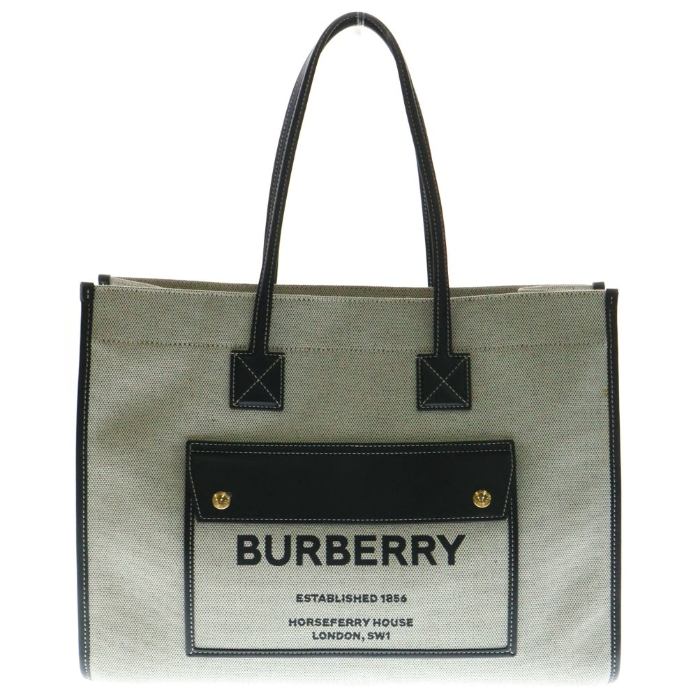 BURBERRY(バーバリー) フレヤトートバッグ ハンドバッグ ミディアム グレー×ブラック レザー×キャンバス ゴールド金具