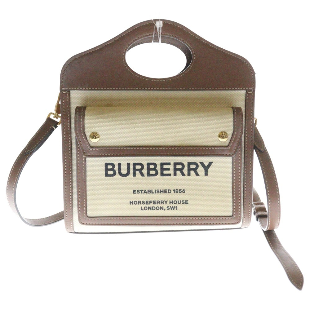 BURBERRY(バーバリー) ホースフェリー ロゴミニポケットバッグ 2WAY レザー切替ハンドバッグ キャンパスショルダーバッグ ブラウン/ベージュ レディース 8039361