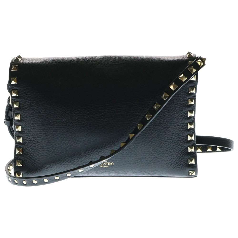 VALENTINO(ヴァレンティノ) ロックスタッズ レザー クロスボディ ショルダーバッグ ゴールド金具 ブラック
