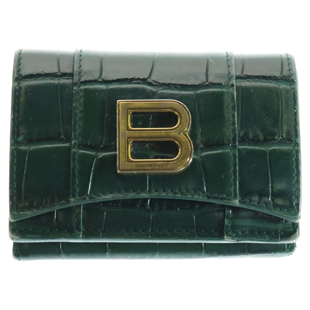 BALENCIAGA(バレンシアガ) アワーグラスミニウォレット 三つ折り財布 コンパクトウォレット コインケース ゴールド金具 グリーン 型押しクロコ 634834