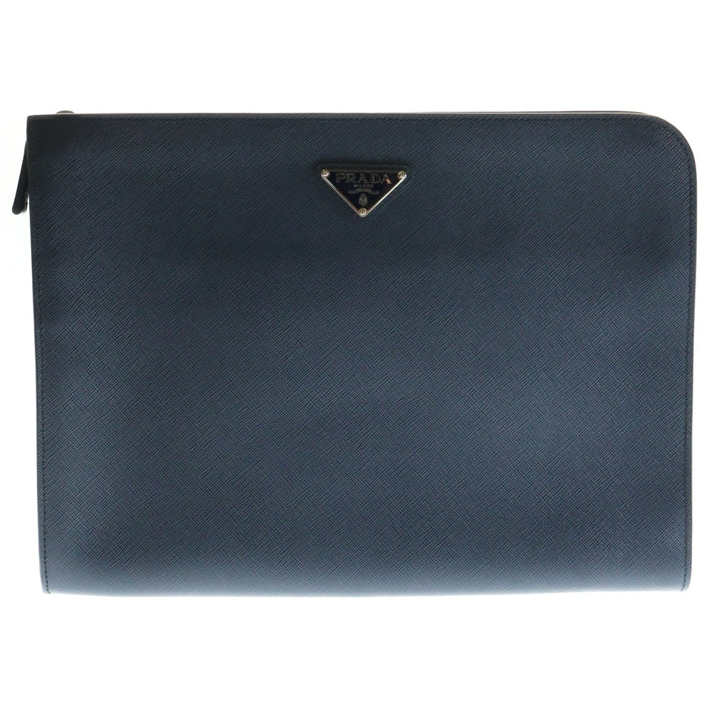 PRADA(プラダ) サフィアーノ クラッチバッグ セカンドバッグ ポーチ ケース シルバー金具 ネイビー レザー