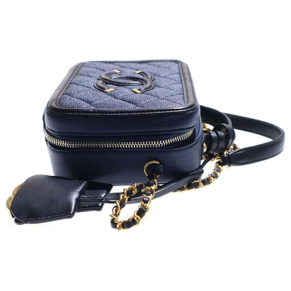 CHANEL(シャネル) CCフィグリー ミニチェーンショルダーバッグ ミニバッグ キャビアスキン ネイビー×ブラック ゴールド金具