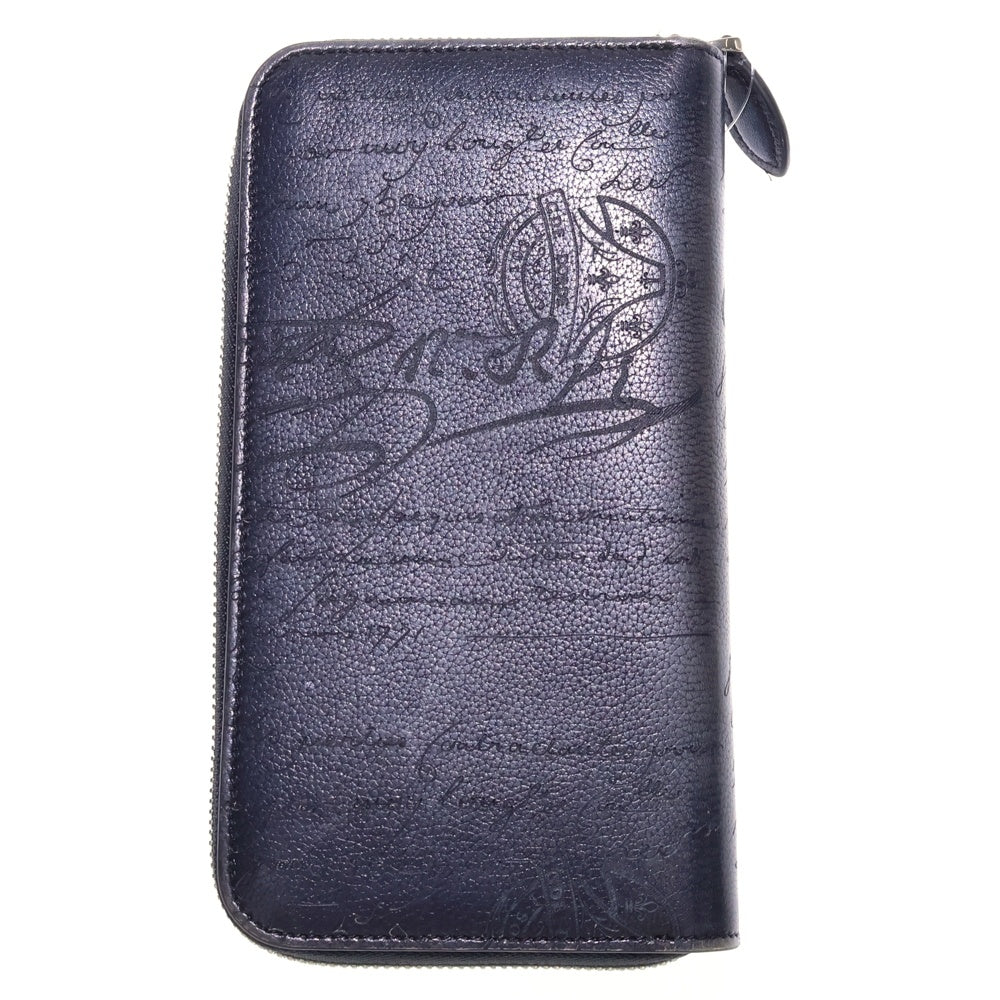 Berluti(ベルルッティ) カリグラフィ ラウンドファスナー 長財布 ロングウォレット カードケース ネイビー シルバー金具 レザー