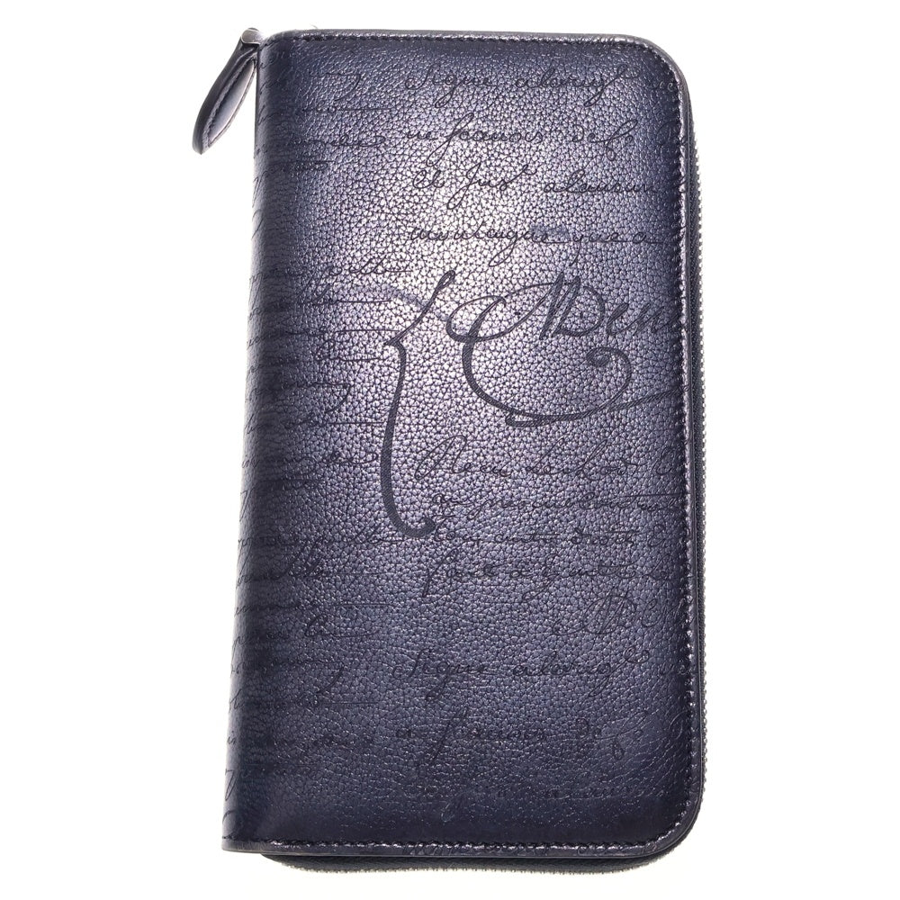 Berluti(ベルルッティ) カリグラフィ ラウンドファスナー 長財布 ロングウォレット カードケース ネイビー シルバー金具 レザー