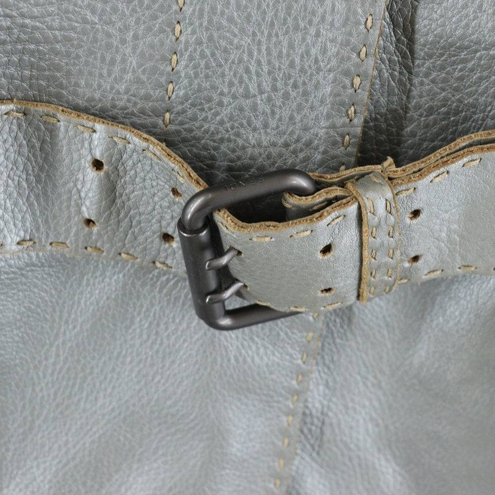 FENDI(フェンディ) メタリックレザー ステッチデザイン スタンドカラー ロング ジャケット コート グレー/シルバー