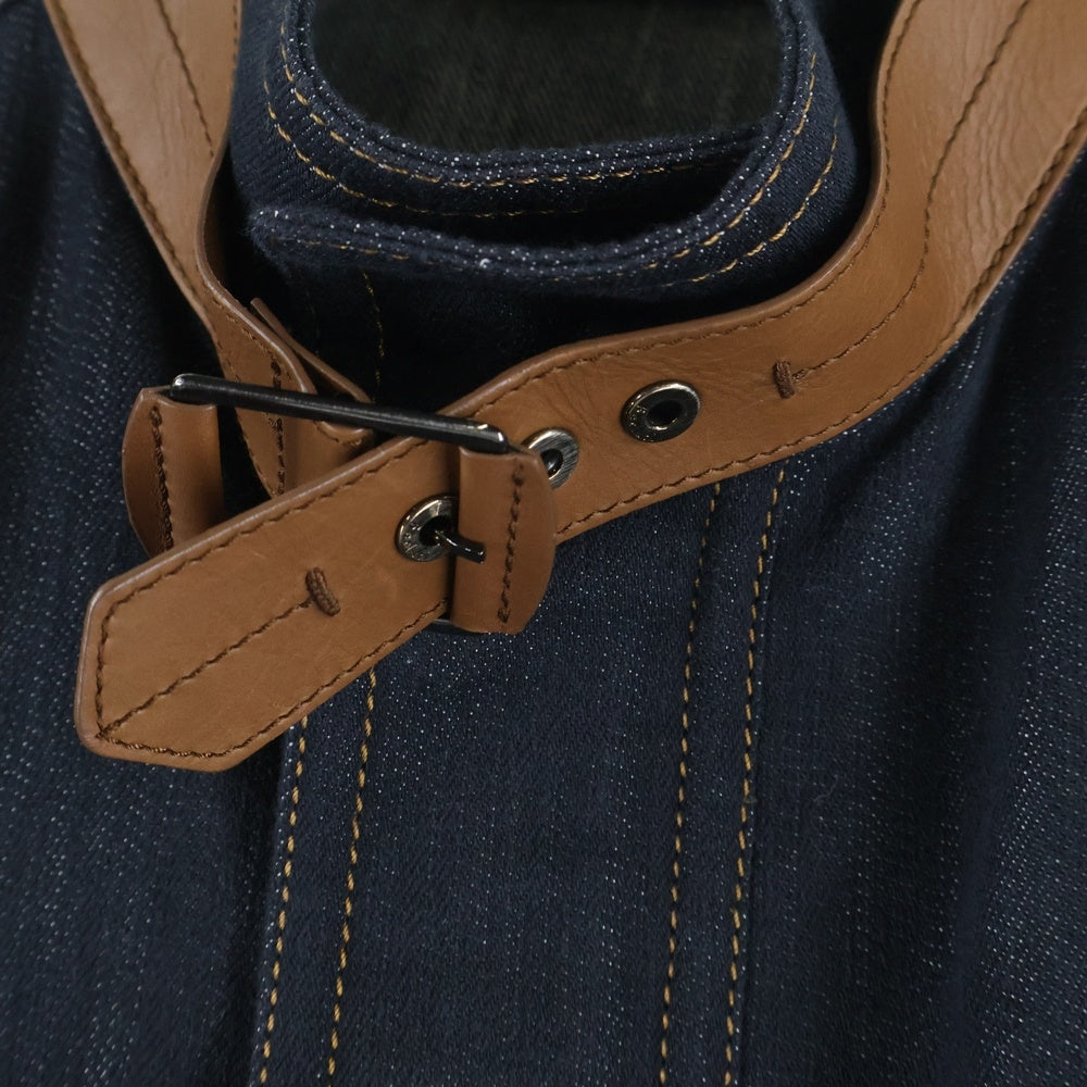 Berluti(ベルルッティ) レザーベルト デザイン シルク混 デニム スタンドカラー マルチポケット ジップアップ ジャケット インディゴ/ブラウン