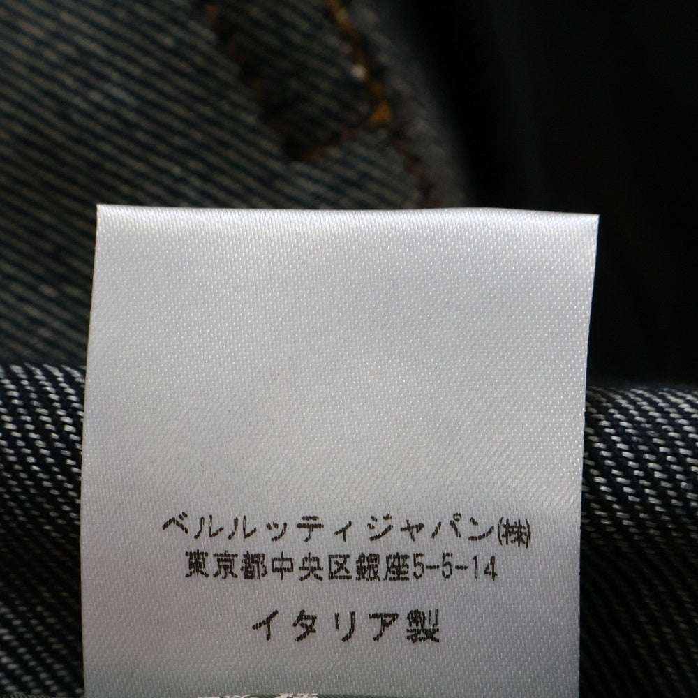 Berluti(ベルルッティ) レザーベルト デザイン シルク混 デニム スタンドカラー マルチポケット ジップアップ ジャケット インディゴ/ブラウン