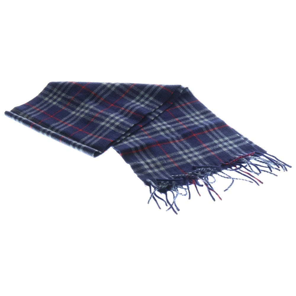 BURBERRY(バーバリー) バーバリーチェックフリンジ付ウールマフラー ブルー