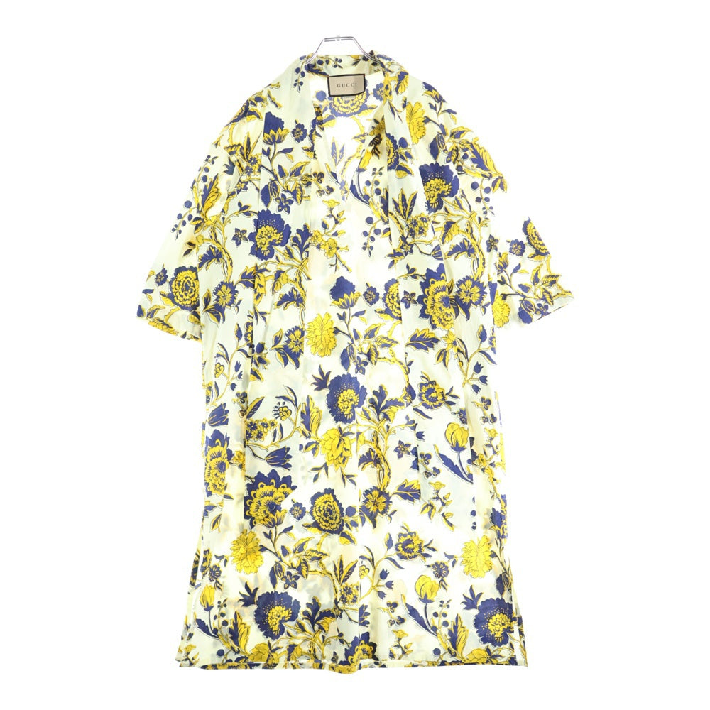 GUCCI(グッチ) フラワー総柄プリント ボウカラー ハーフスリーブ ロング ワンピース イエロー/ネイビー レディース 741698