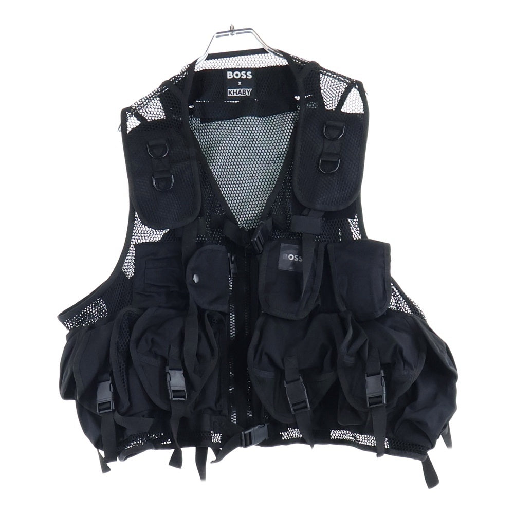 BOSS(ボス) ×KHABY カビー ラメ ワッペンロゴ メッシュ ナイロン テクニカル マルチポケット ジップアップ ベスト ブラック 10250002