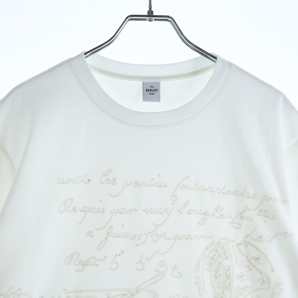 Berluti(ベルルッティ) カリグラフィ フロント刺繍デザイン クルーネック長袖Tシャツロングスリーブカットソー ロンT ホワイト