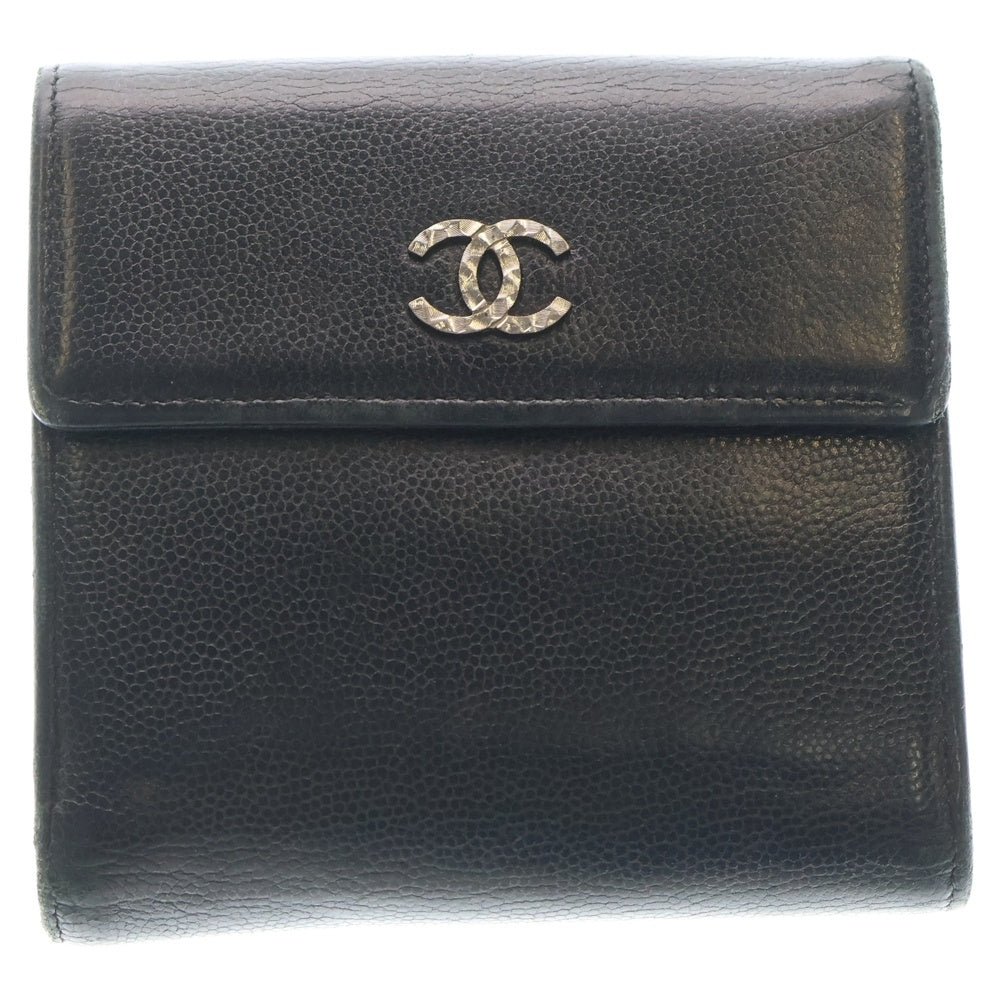 CHANEL(シャネル) ココマーク 三つ折り財布 コンパクトウォレット コインケース ブラック キャビア レザー シルバー金具 レディース