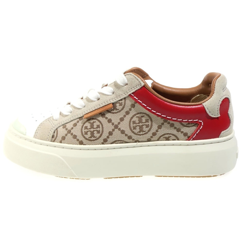 TORY BURCH(トリー バーチ) キャンバス レザー レースアップ ローカットシューズ スニーカー ベージュ/レッド レディース