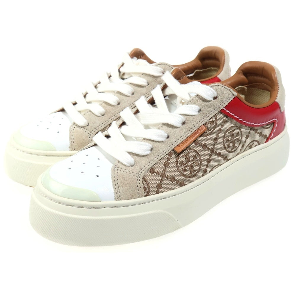 TORY BURCH(トリー バーチ) キャンバス レザー レースアップ ローカットシューズ スニーカー ベージュ/レッド レディース