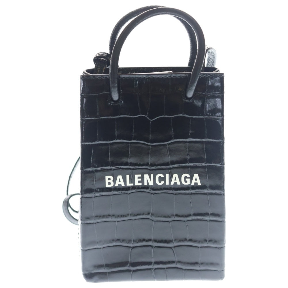 BALENCIAGA(バレンシアガ) ショッピング フォンホルダー ミニバッグ ブラック クロコ型押し 593826 シルバー金具 レディース
