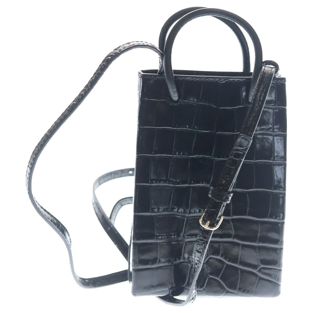 BALENCIAGA(バレンシアガ) ショッピング フォンホルダー ミニバッグ ブラック クロコ型押し 593826 シルバー金具 レディース