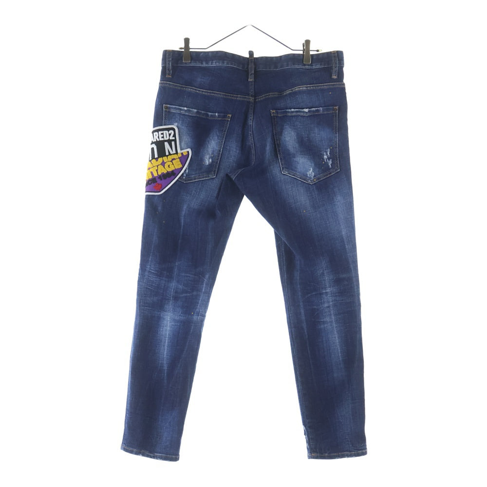 DSQUARED2(ディースクエアード) ワッペンロゴ ダメージ加工 ストレッチ スリムスキニー デニムパンツ ジーンズ インディゴ S79LA0018 S30342