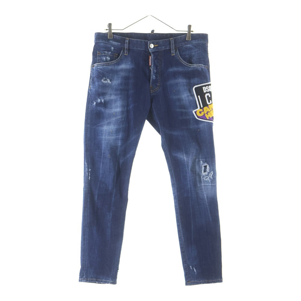 DSQUARED2(ディースクエアード) ワッペンロゴ ダメージ加工 ストレッチ スリムスキニー デニムパンツ ジーンズ インディゴ S79LA0018 S30342