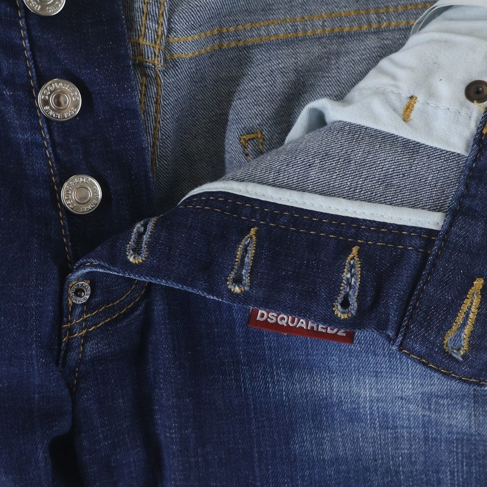 DSQUARED2(ディースクエアード) ワッペンロゴ ダメージ加工 ストレッチ スリムスキニー デニムパンツ ジーンズ インディゴ S79LA0018 S30342