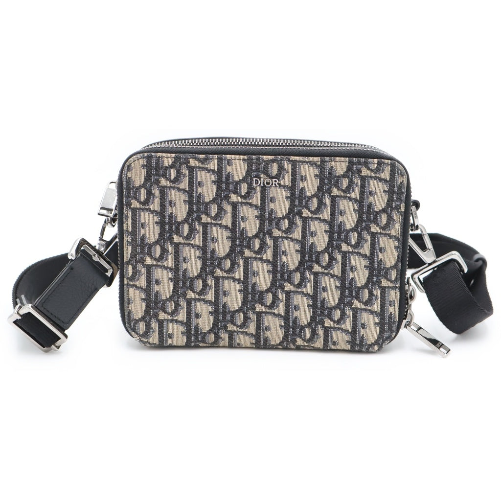 DIOR(ディオール) オブリーク メッセンジャーバッグ ミニバッグ ショルダーバッグ ベージュ/ネイビー レザー/キャンバス シルバー金具 レディース