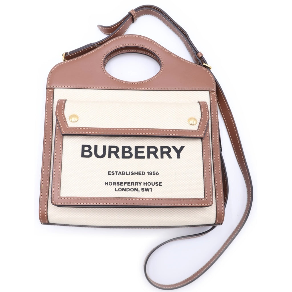BURBERRY(バーバリー) ミニポケットバッグ ハンドバッグ ショルダーバッグ 2WAYバッグ ブラウン×アイボリー レザー×キャンバス 8039361 ゴールド金具 レディース