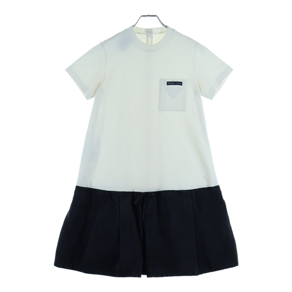 PRADA(プラダ) バックジップ 切り替え半袖ワンピース ホワイト×ブラック #38 レディース