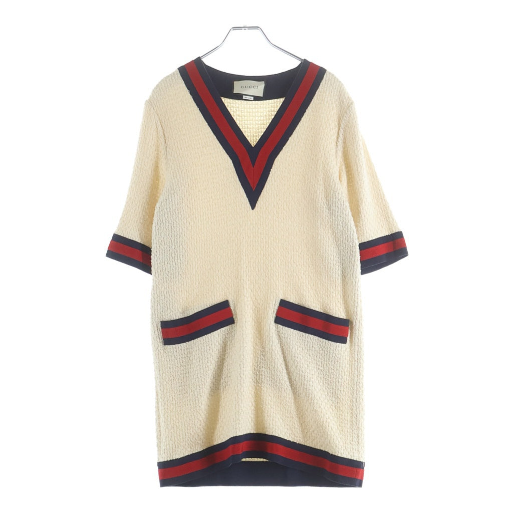 GUCCI(グッチ) シェリーライン Vネック ツイードニット 半袖ワンピース アイボリー レディース 494888