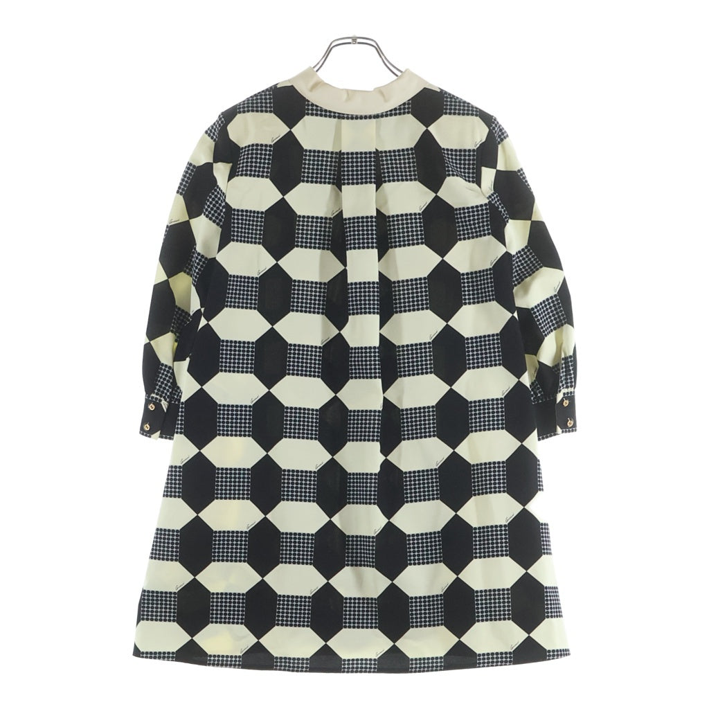GUCCI(グッチ) チェック総柄プリント 5分袖 ハーフスリーブ シャツ ミニワンピース ドレス ブラック/アイボリー レディース 681386